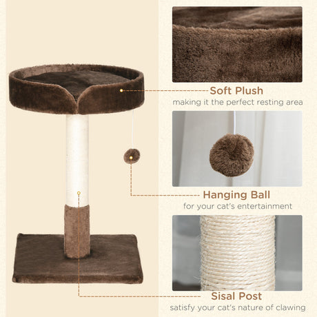 Small Cat Tree for Indoor Cats with Sisal Scratching Post Kitten Bed Cushion Ball Toy, Brown, 45x45x70 cm, PawHut,