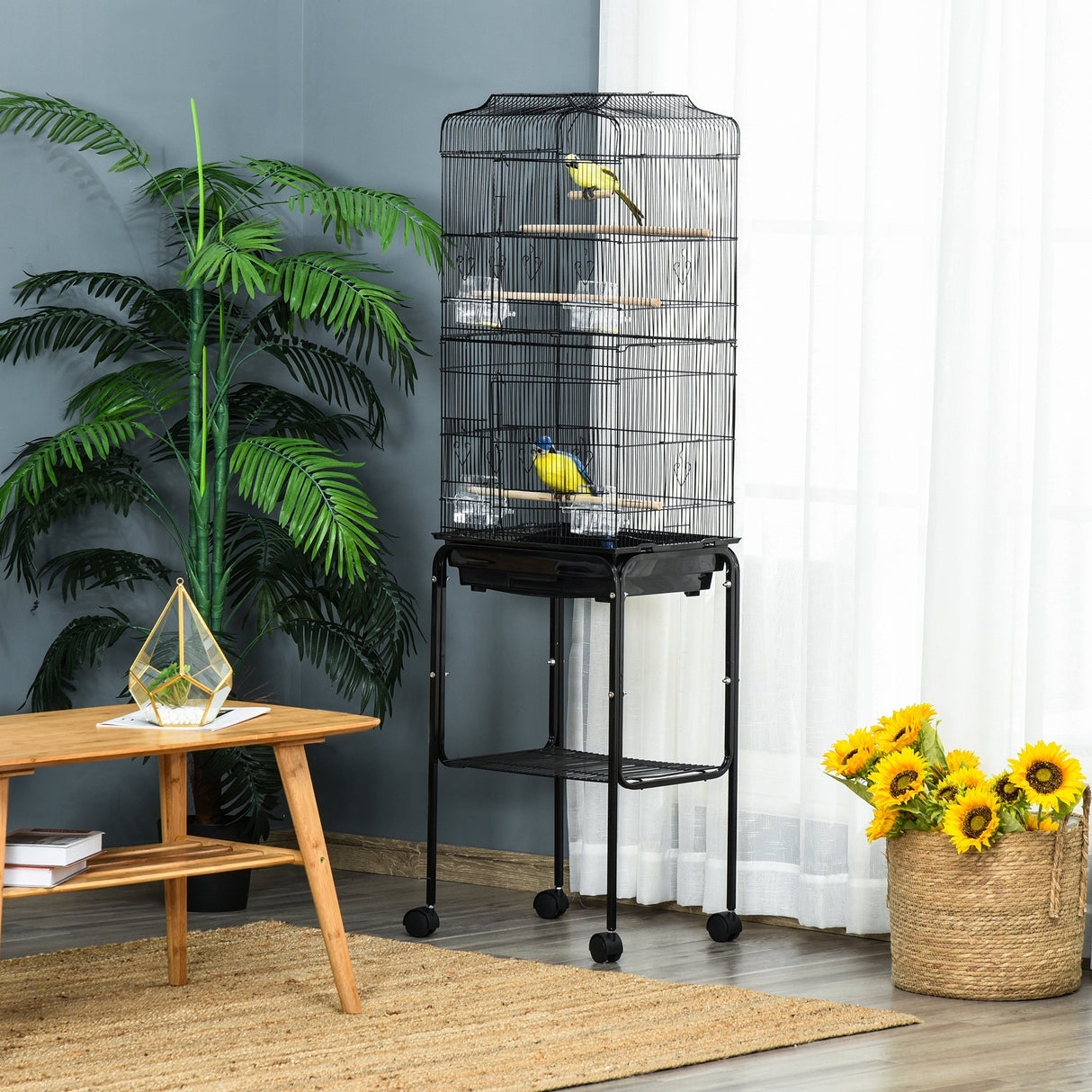 Spacious Bird Cage with Stand & Wheels for Small Birds, PawHut, Black