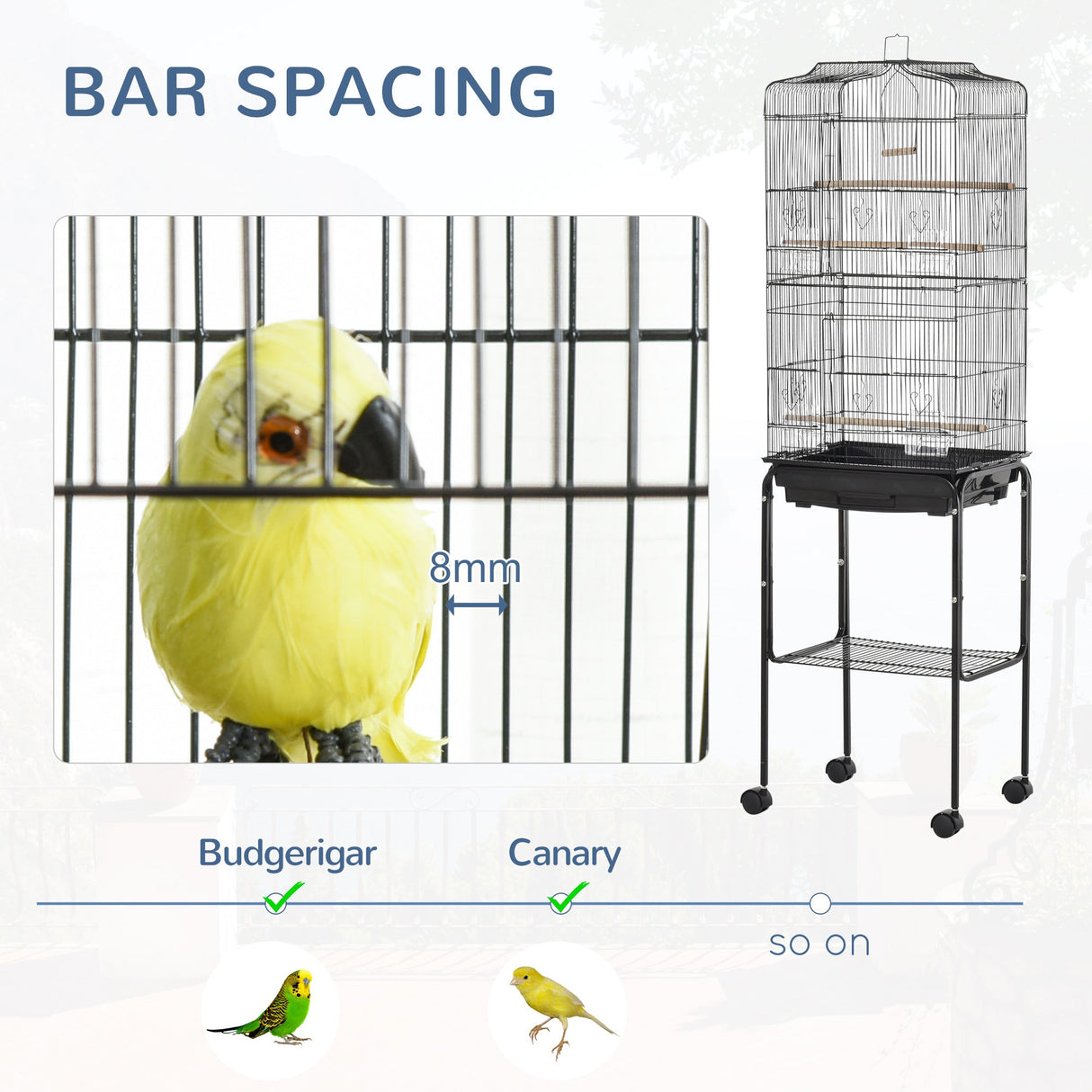 Spacious Bird Cage with Stand & Wheels for Small Birds, PawHut, Black