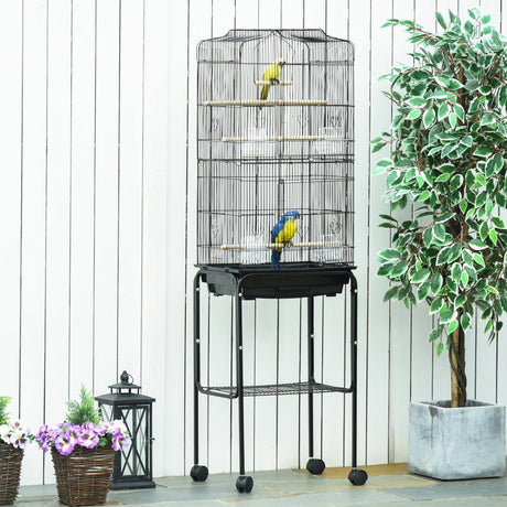 Spacious Bird Cage with Stand & Wheels for Small Birds, PawHut, Black