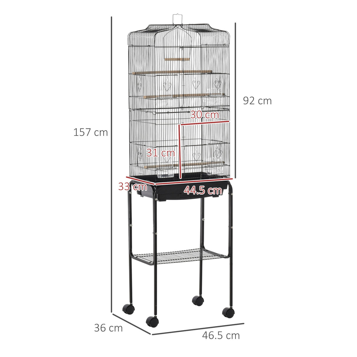 Spacious Bird Cage with Stand & Wheels for Small Birds, PawHut, Black