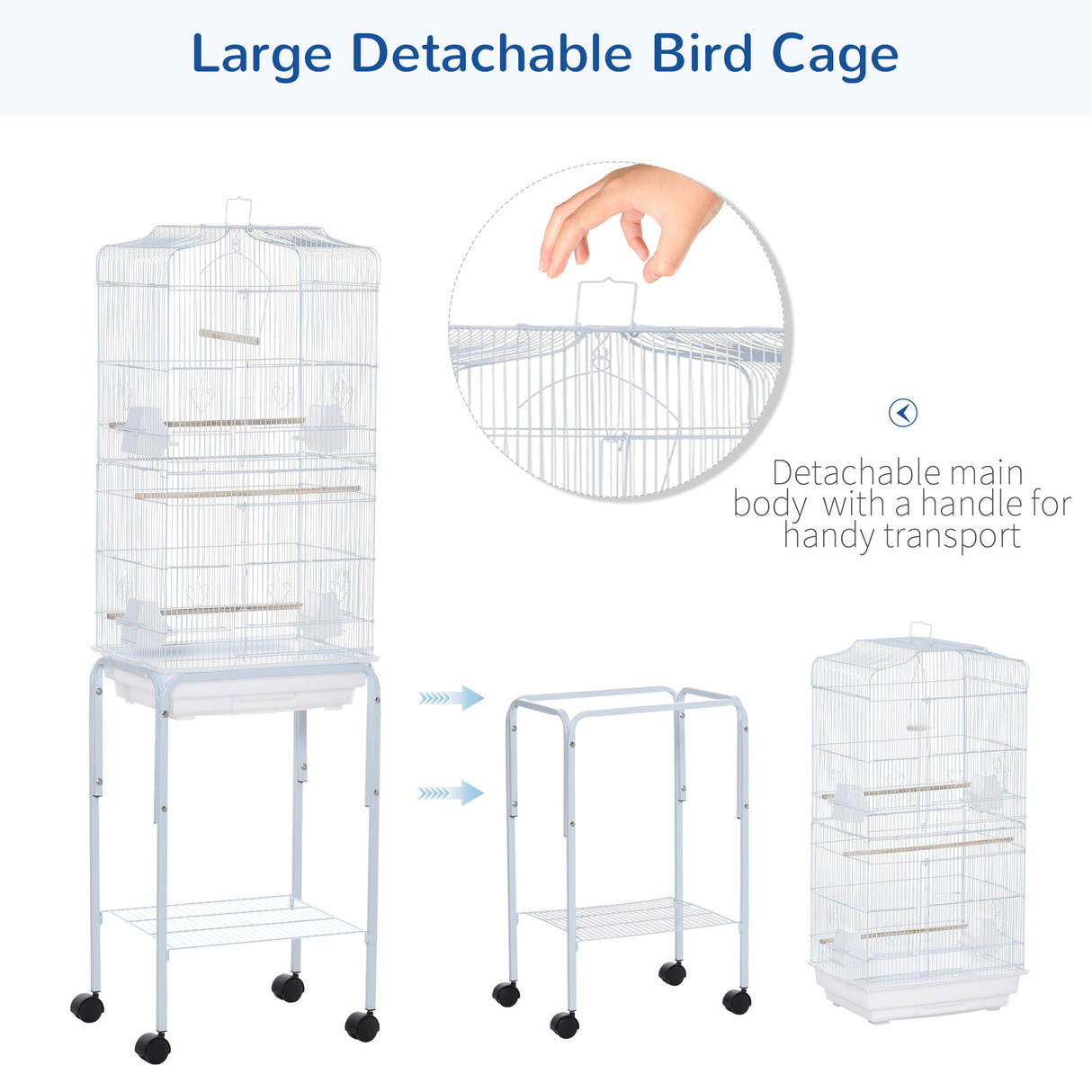 Spacious Bird Cage with Stand & Wheels for Small Birds, PawHut, White