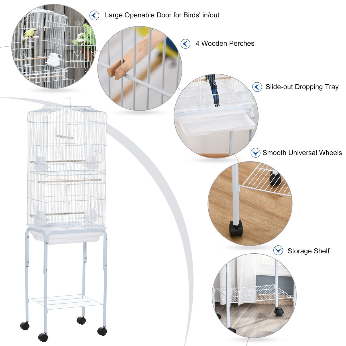 Spacious Bird Cage with Stand & Wheels for Small Birds, PawHut, White