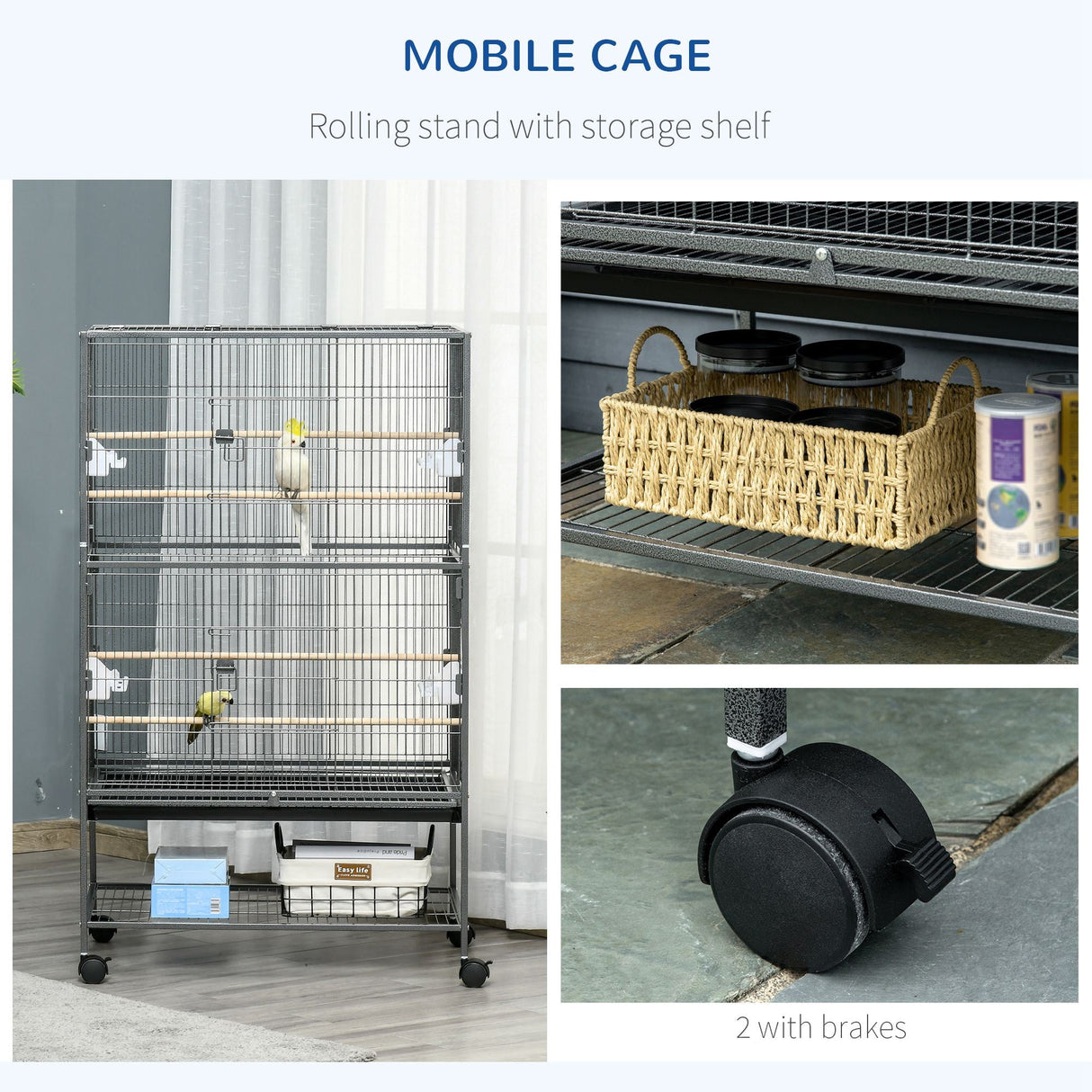 Spacious Rolling Bird Cage for Budgies, Finches and Canaries, PawHut, Dark Grey