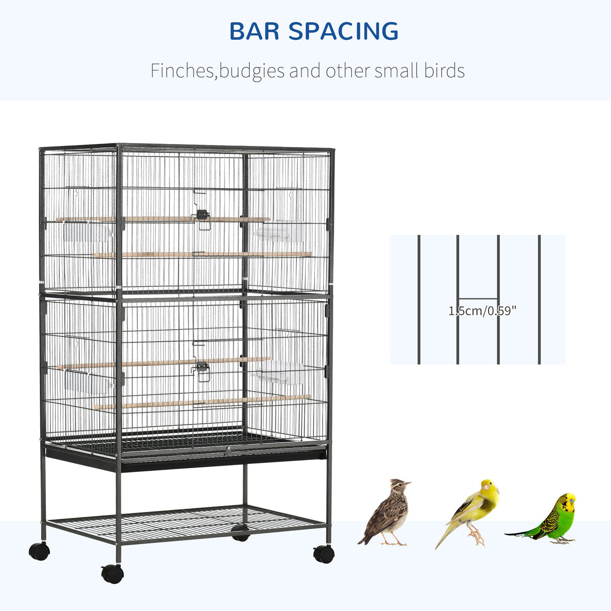 Spacious Rolling Bird Cage for Budgies, Finches and Canaries, PawHut, Dark Grey