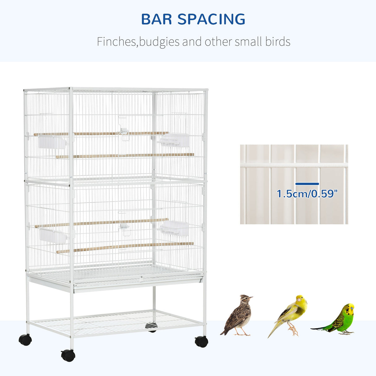 Spacious Rolling Bird Cage for Budgies, Finches and Canaries, PawHut, White