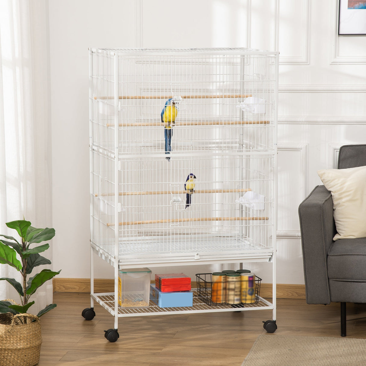 Spacious Rolling Bird Cage for Budgies, Finches and Canaries, PawHut, White