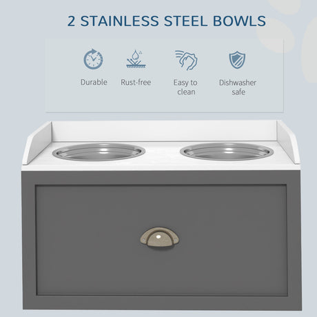 Stainless Steel Raised Dog Bowls with 21L Storage Drawer for Large Dogs, PawHut, Grey