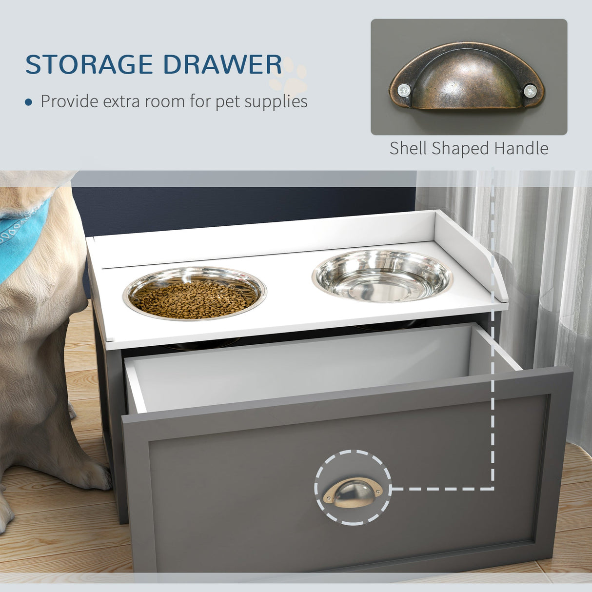 Stainless Steel Raised Dog Bowls with 21L Storage Drawer for Large Dogs, PawHut, Grey