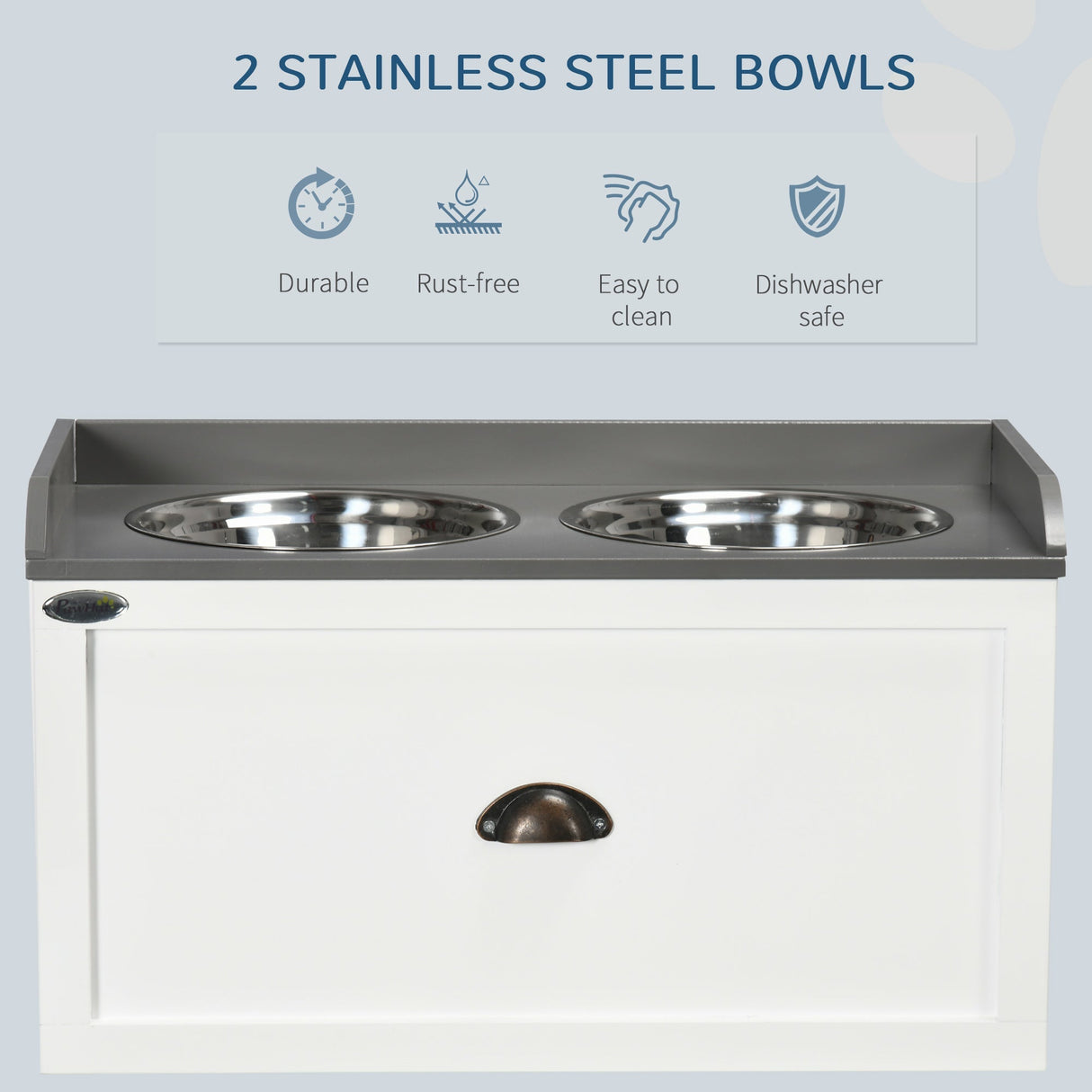 Stainless Steel Raised Dog Bowls with 21L Storage Drawer for Large Dogs, PawHut, White