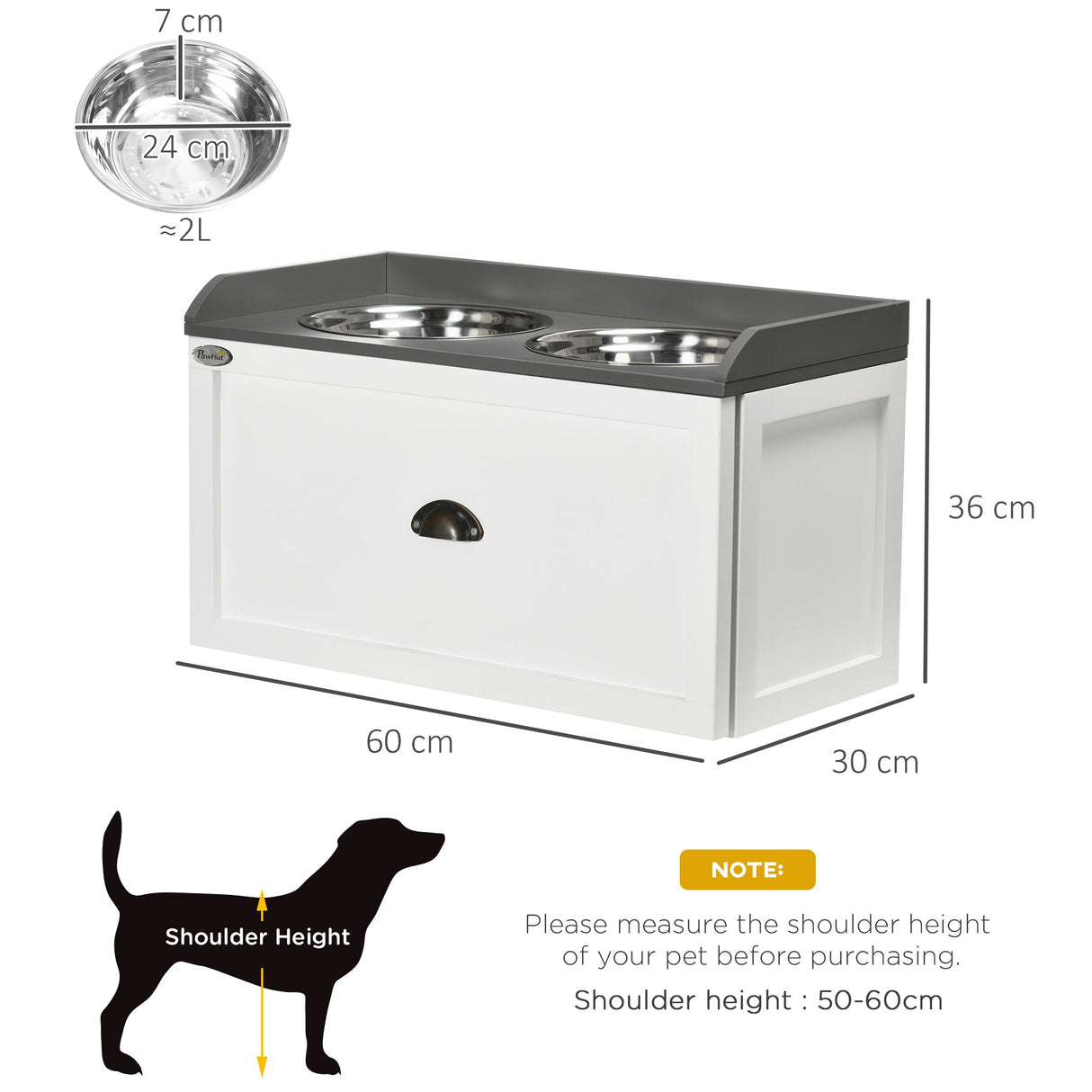 Stainless Steel Raised Dog Bowls with 21L Storage Drawer for Large Dogs, PawHut, White