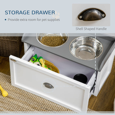 Stainless Steel Raised Dog Bowls with 21L Storage Drawer for Large Dogs, PawHut, White