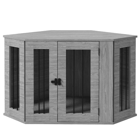 Stylish Corner Dog Crate Furniture with Cushion - Grey, PawHut,