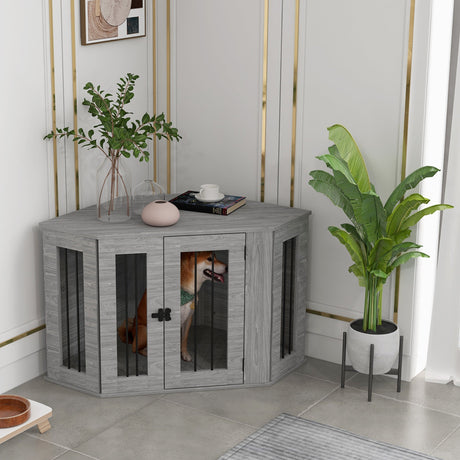 Stylish Corner Dog Crate Furniture with Cushion - Grey, PawHut,