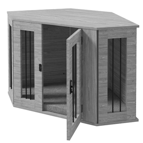 Stylish Corner Dog Crate Furniture with Cushion - Grey, PawHut,
