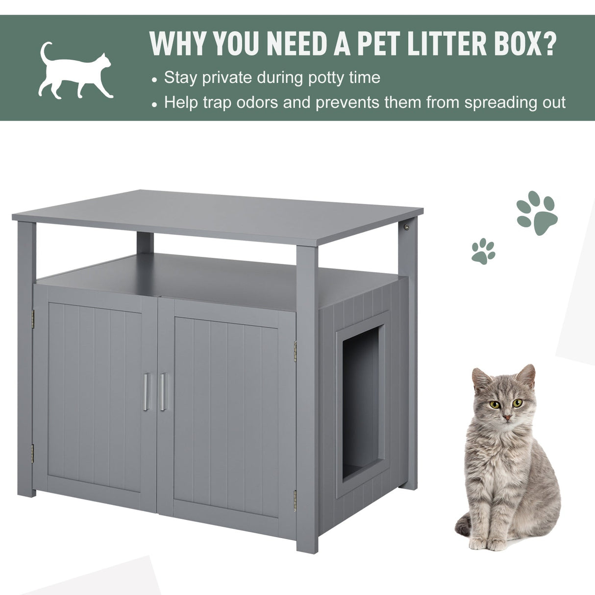 Tabletop Cat Litter Box Furniture with Storage Shelves, PawHut, Grey