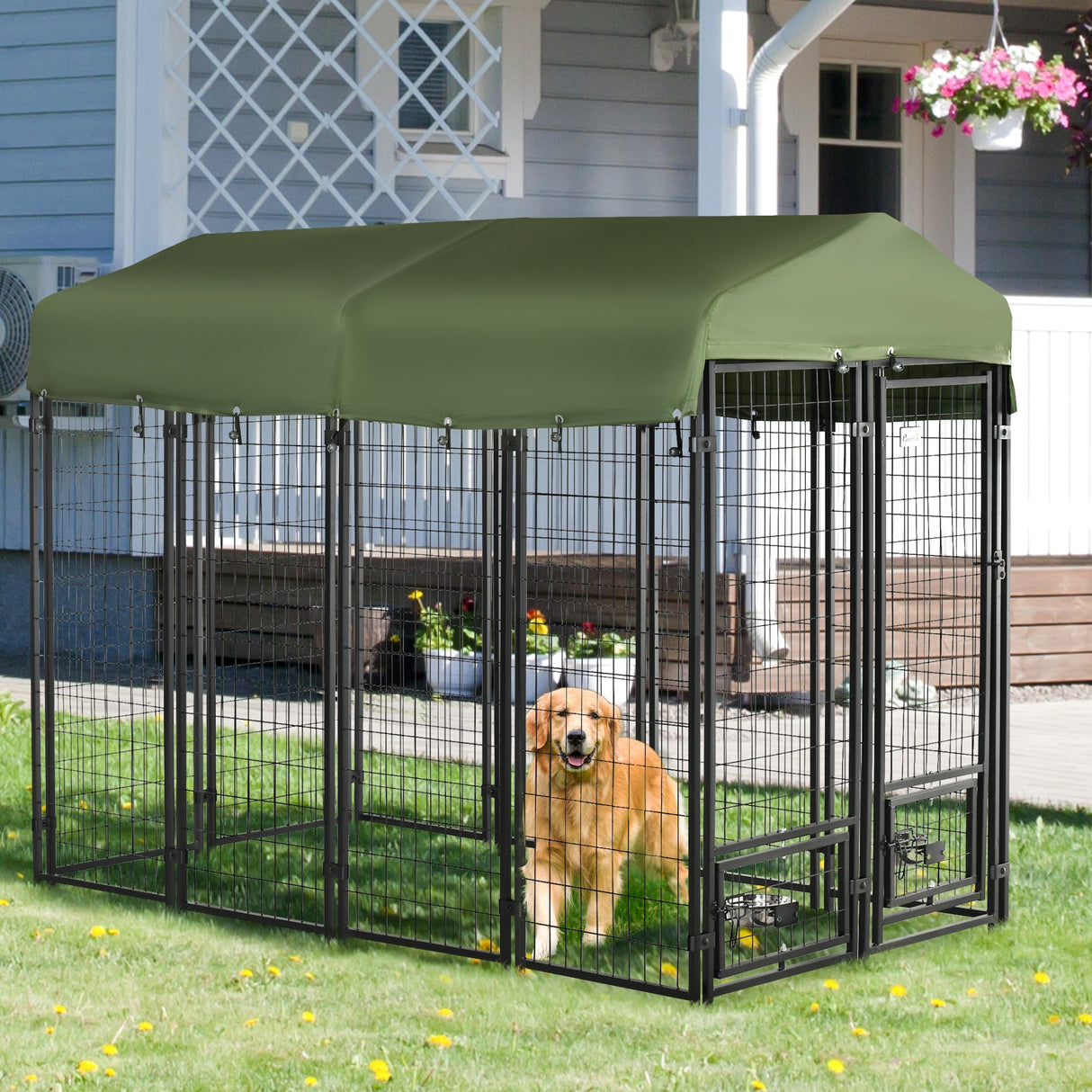 Tall Outdoor Dog Kennel with Canopy & Bowls - Green, PawHut,