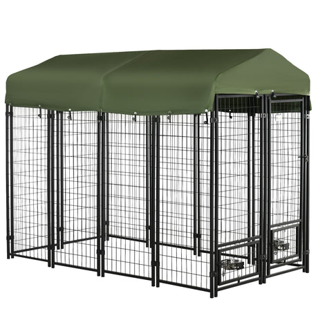 Tall Outdoor Dog Kennel with Canopy & Bowls - Green, PawHut,