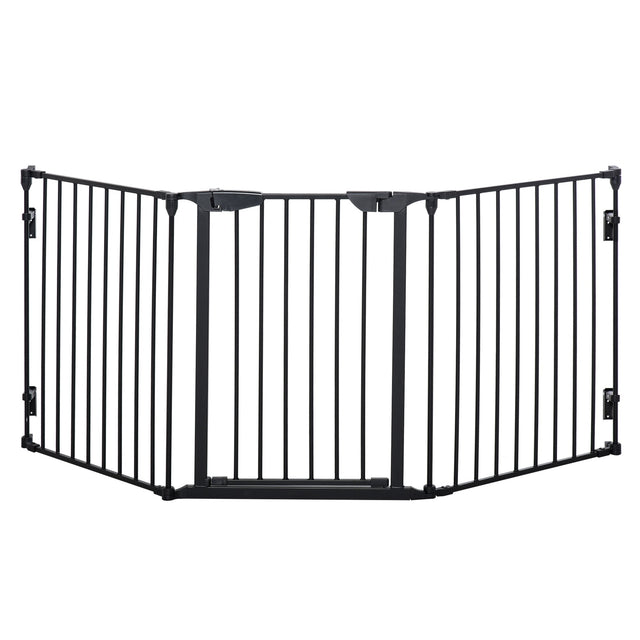 Three-Panel Pet Safety Gate Barrier with Walk Through Door, PawHut, Black