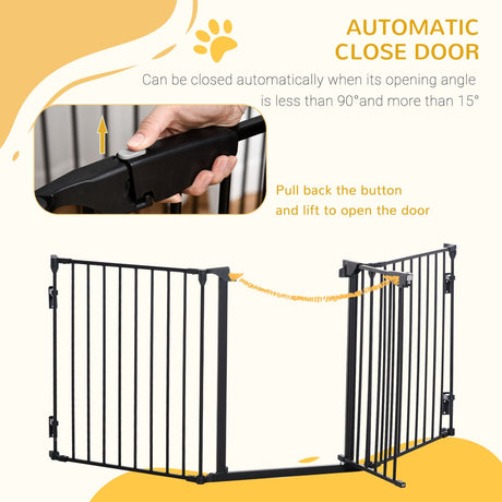 Three-Panel Pet Safety Gate Barrier with Walk Through Door, PawHut, Black