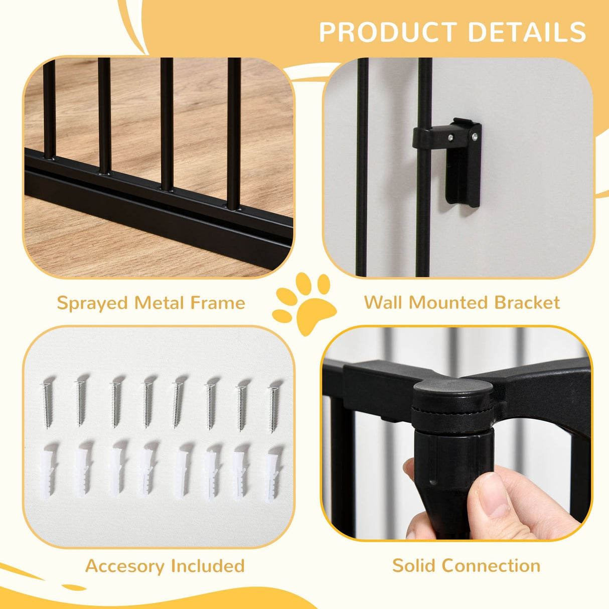 Three-Panel Pet Safety Gate Barrier with Walk Through Door, PawHut, Black