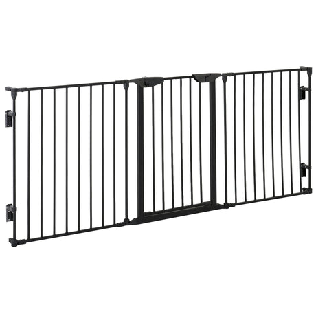 Three-Panel Pet Safety Gate Barrier with Walk Through Door, PawHut, Black