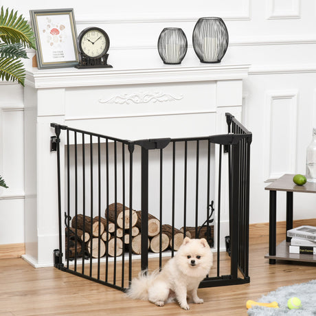 Three-Panel Pet Safety Gate Barrier with Walk Through Door, PawHut, Black