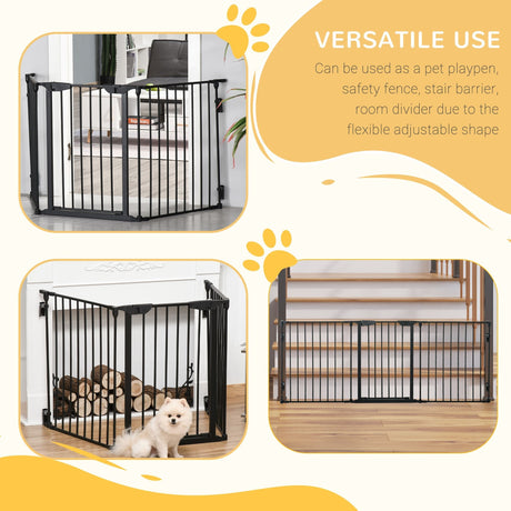 Three-Panel Pet Safety Gate Barrier with Walk Through Door, PawHut, Black