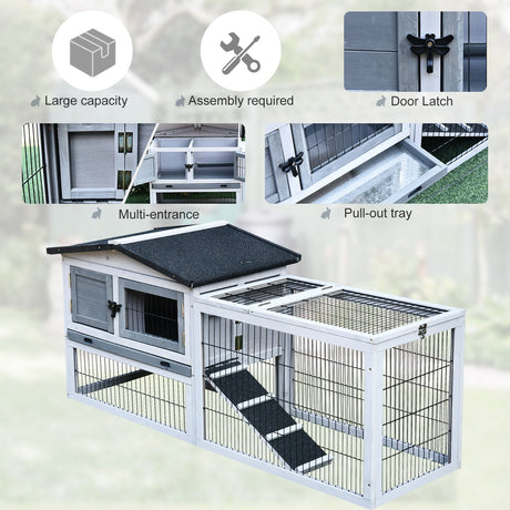 Two Level Wooden Rabbit Hutch Water Resistant Roof Pull out Tray 150 x 52.5 x 68cm, PawHut, Light Grey