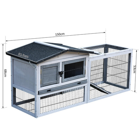 Two Level Wooden Rabbit Hutch Water Resistant Roof Pull out Tray 150 x 52.5 x 68cm, PawHut, Light Grey