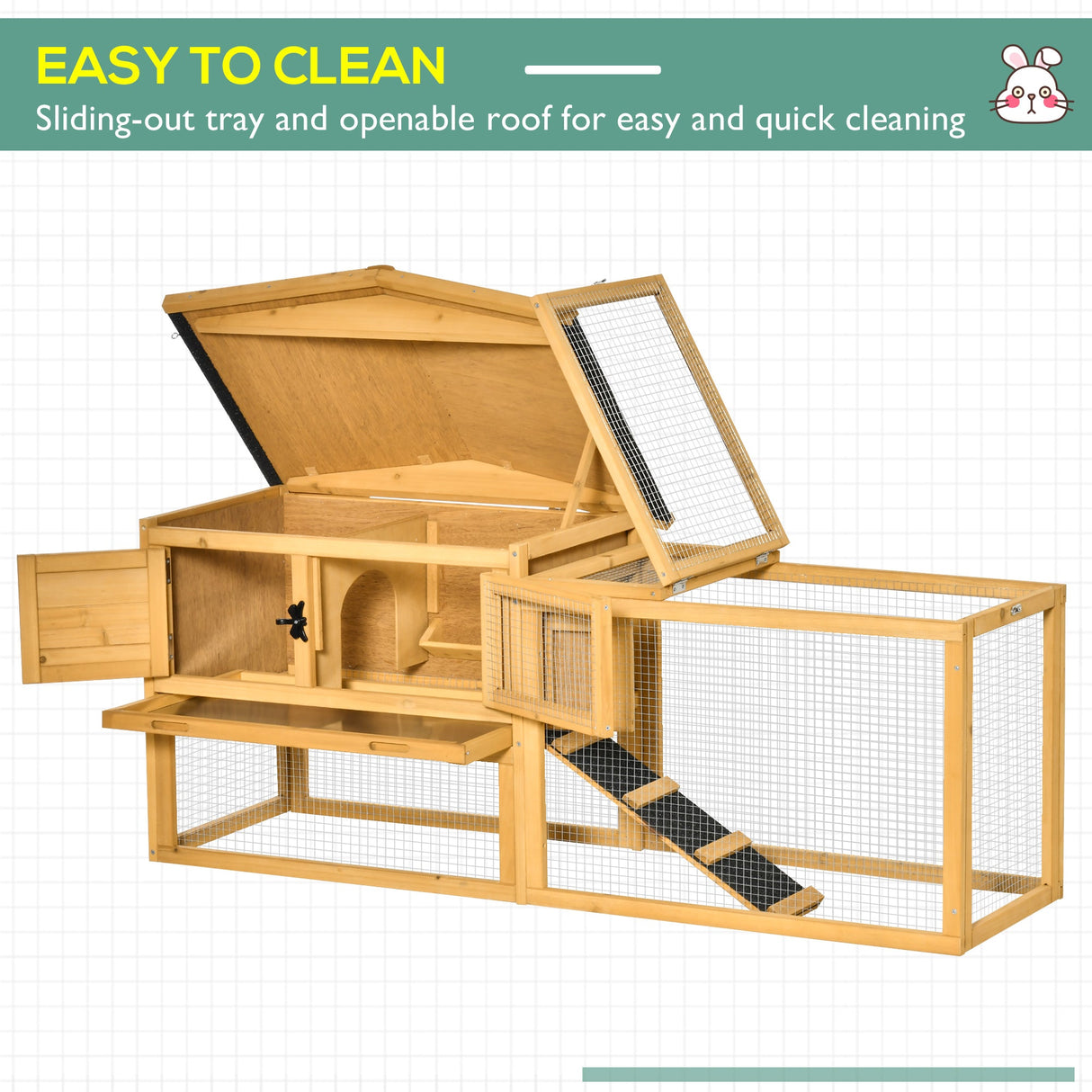 Two Level Wooden Rabbit Hutch Water Resistant Roof Pull out Tray 150 x 52.5 x 68cm, PawHut, Light Grey