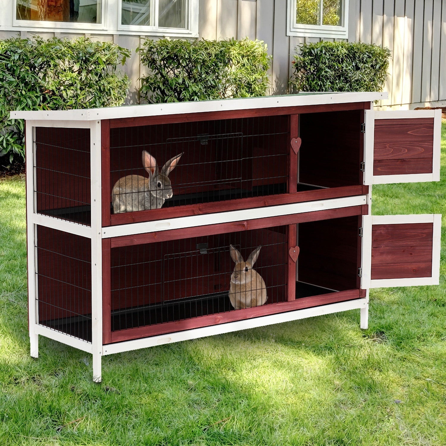 Two-Tier Double Decker Wooden Rabbit Hutch Pet Cage 136.4Lx50Wx93H cm-Brown/White, PawHut,
