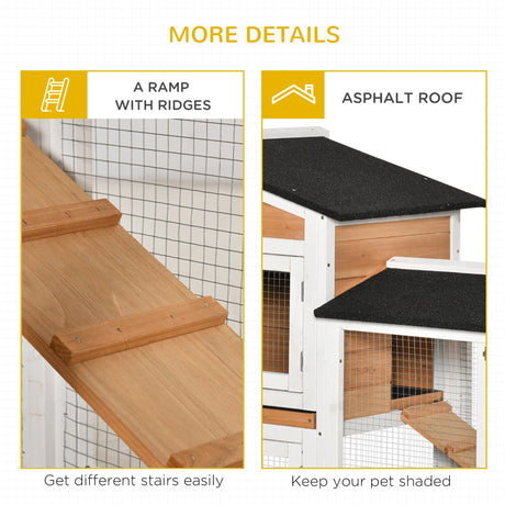 Two-Tier Rabbit Hutch Outdoor and Run Wooden Mobile Guinea Pig Hutch Bunny Cage w/ Wheels, Run, Slide-Out Tray, Ramp 157.4 x 53 x 99.5 cm - Yellow, PawHut, Yellow/White