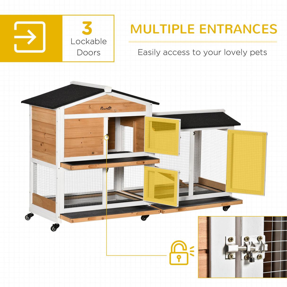 Two-Tier Rabbit Hutch Outdoor and Run Wooden Mobile Guinea Pig Hutch Bunny Cage w/ Wheels, Run, Slide-Out Tray, Ramp 157.4 x 53 x 99.5 cm - Yellow, PawHut, Yellow/White