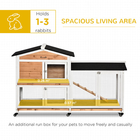 Two-Tier Rabbit Hutch Outdoor and Run Wooden Mobile Guinea Pig Hutch Bunny Cage w/ Wheels, Run, Slide-Out Tray, Ramp 157.4 x 53 x 99.5 cm - Yellow, PawHut, Yellow/White