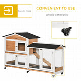 Two-Tier Rabbit Hutch Outdoor and Run Wooden Mobile Guinea Pig Hutch Bunny Cage w/ Wheels, Run, Slide-Out Tray, Ramp 157.4 x 53 x 99.5 cm - Yellow, PawHut, Yellow/White
