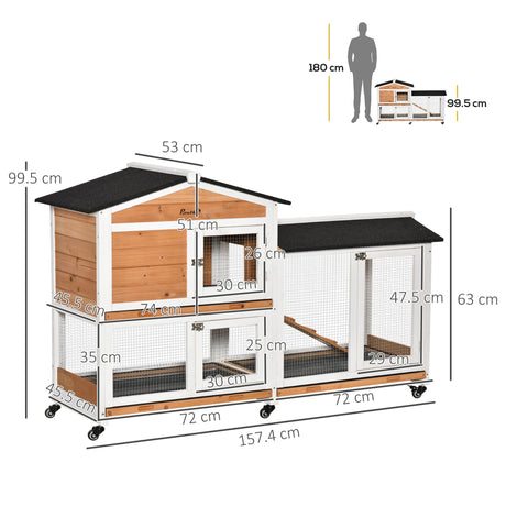 Two-Tier Rabbit Hutch Outdoor and Run Wooden Mobile Guinea Pig Hutch Bunny Cage w/ Wheels, Run, Slide-Out Tray, Ramp 157.4 x 53 x 99.5 cm - Yellow, PawHut, Yellow/White