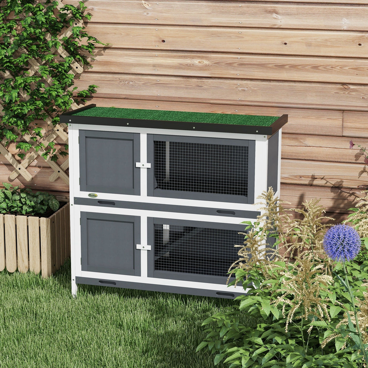 Two-Tier Rabbit Hutch, with Removable Trays, for 1-2 rabbits, PawHut, Grey