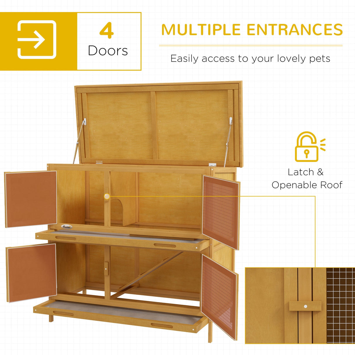 Two-Tier Rabbit Hutch, with Removable Trays, for 1-2 rabbits, PawHut, Yellow