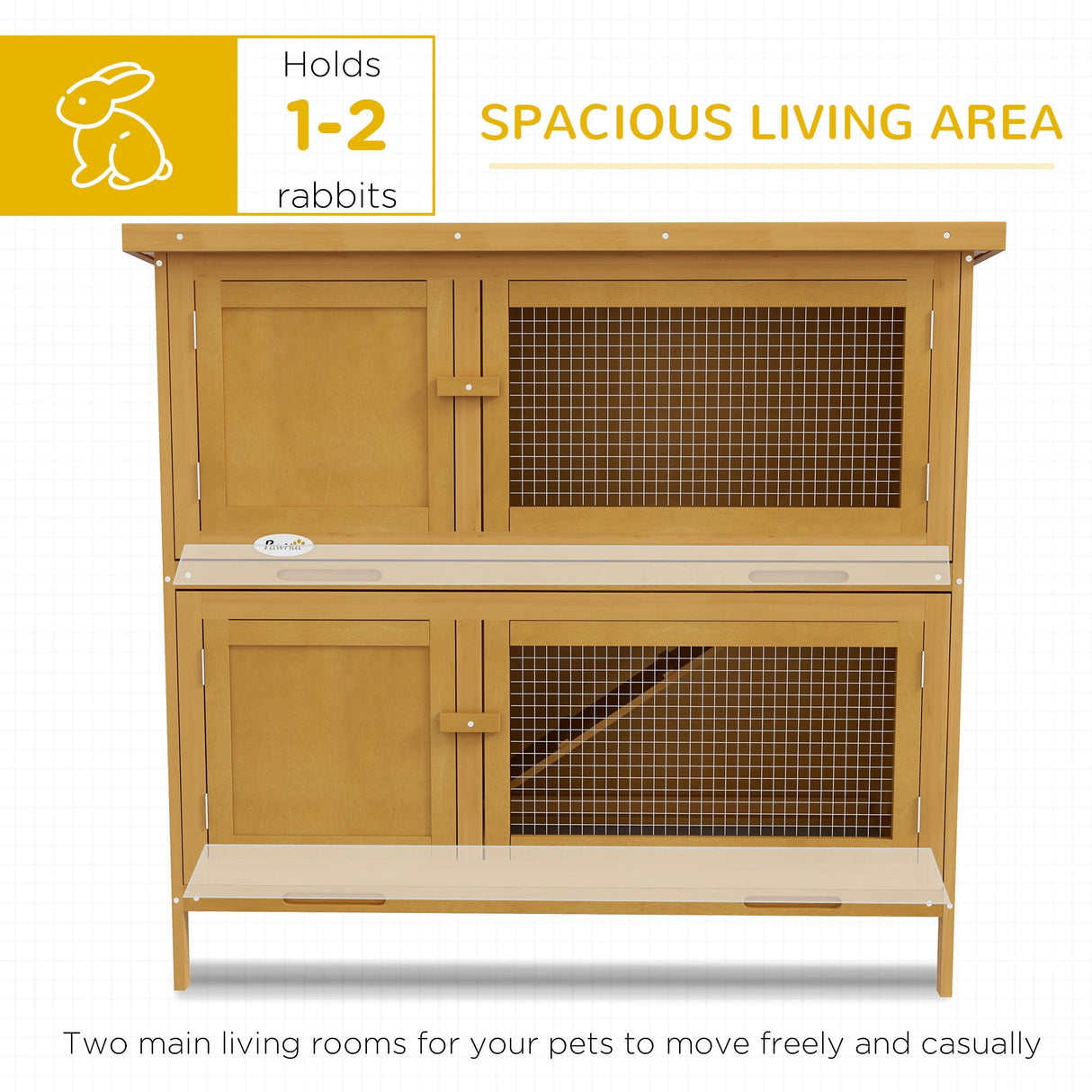 Two-Tier Rabbit Hutch, with Removable Trays, for 1-2 rabbits, PawHut, Yellow
