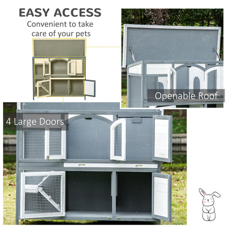 Two-Tier Wooden Rabbit Hutch Guinea Pig Cage w/ Openable Roof, Slide-Out Tray, Ramp - Grey, PawHut,