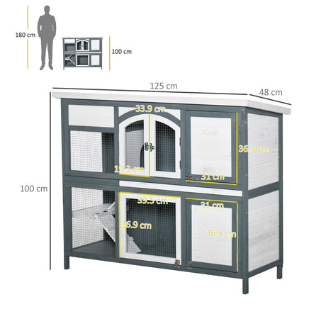 Two-Tier Wooden Rabbit Hutch Guinea Pig Cage w/ Openable Roof, Slide-Out Tray, Ramp - Grey, PawHut,