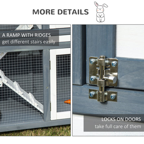 Two-Tier Wooden Rabbit Hutch Guinea Pig Cage w/ Openable Roof, Slide-Out Tray, Ramp - Grey, PawHut,