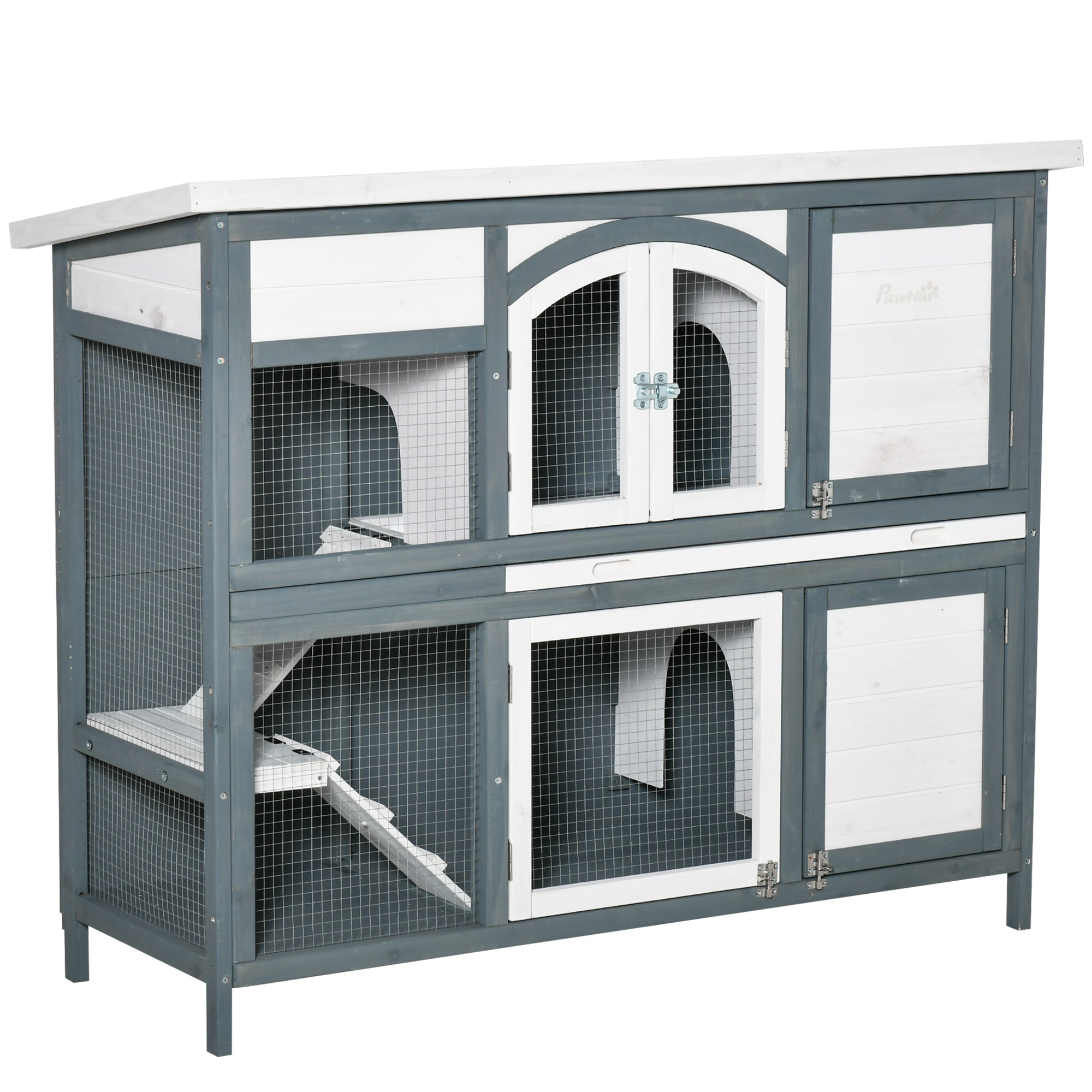 Two-Tier Wooden Rabbit Hutch Guinea Pig Cage w/ Openable Roof, Slide-Out Tray, Ramp - Grey, PawHut,