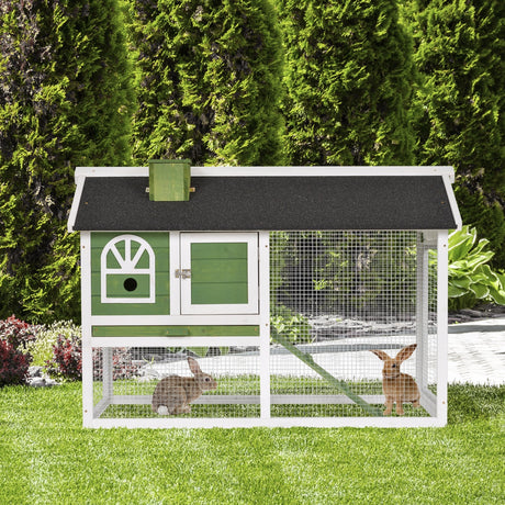 Two Tiers Rabbit Hutch and Run Wooden Guinea Pig Hutch Outdoor with Sliding Tray, Ramp and Water-resistant Roof, for 2-4 Rabbits, PawHut, Green