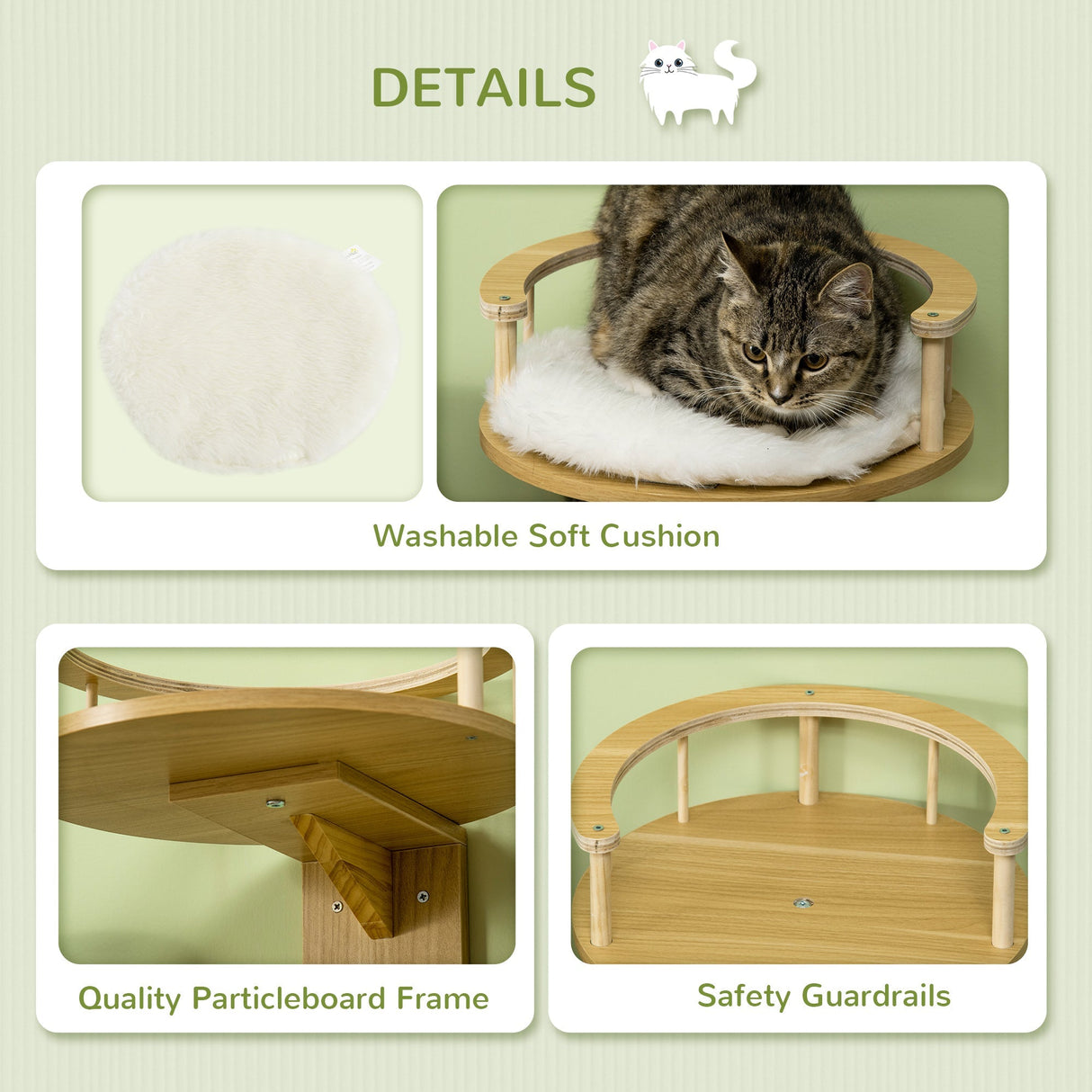 Wall-Mounted Cat Shelf with Cushion, Guardrails, 34 x 34 x 10.5cm, PawHut,