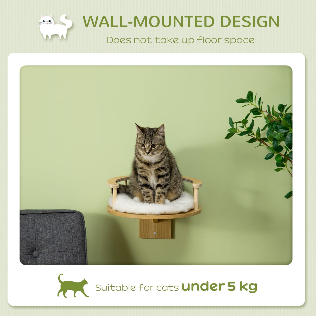 Wall-Mounted Cat Shelf with Cushion, Guardrails, 34 x 34 x 10.5cm, PawHut,