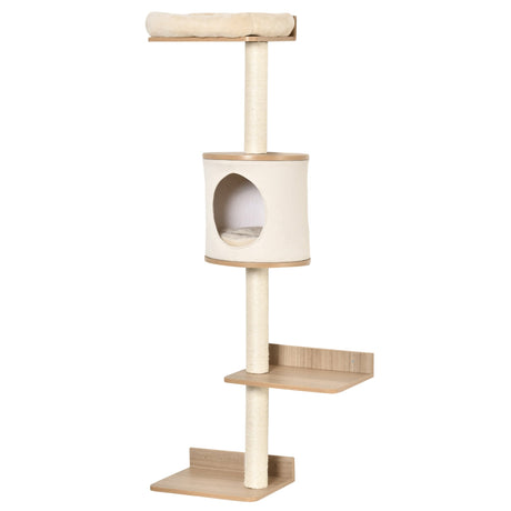Wall-Mounted Cat Tree, with Cat House, Bed, Scratching Post - Beige, PawHut,