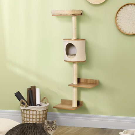 Wall-Mounted Cat Tree, with Cat House, Bed, Scratching Post - Beige, PawHut,