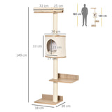 Wall-Mounted Cat Tree, with Cat House, Bed, Scratching Post - Beige, PawHut,